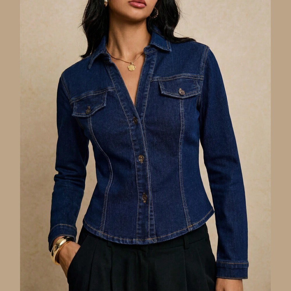 Dark Wash Fitted Denim Button Front Shirt with Flap Chest Pockets